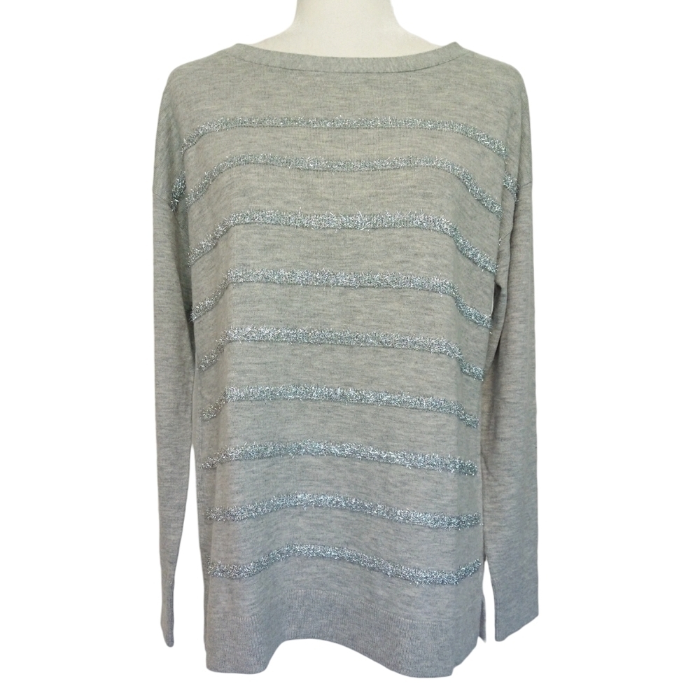 Talbots NWT Lamb's Wool Blend Gray Sweater Silver Tinsel Stripes Festive